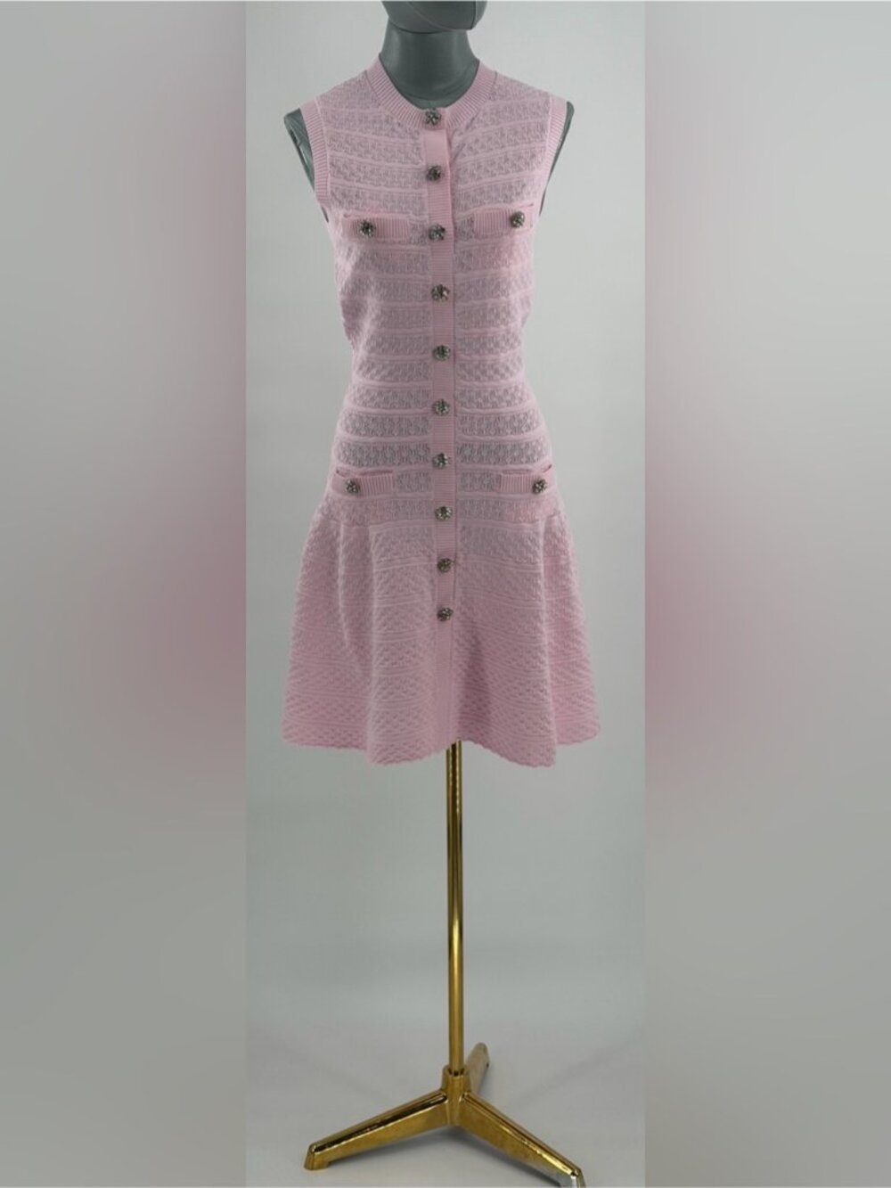 🆕 SELF-PORTRAIT 🧿 NWOT Pink Pointelle Diamante Button Knit Mini Dress, Sz M - Picture 2 of 16